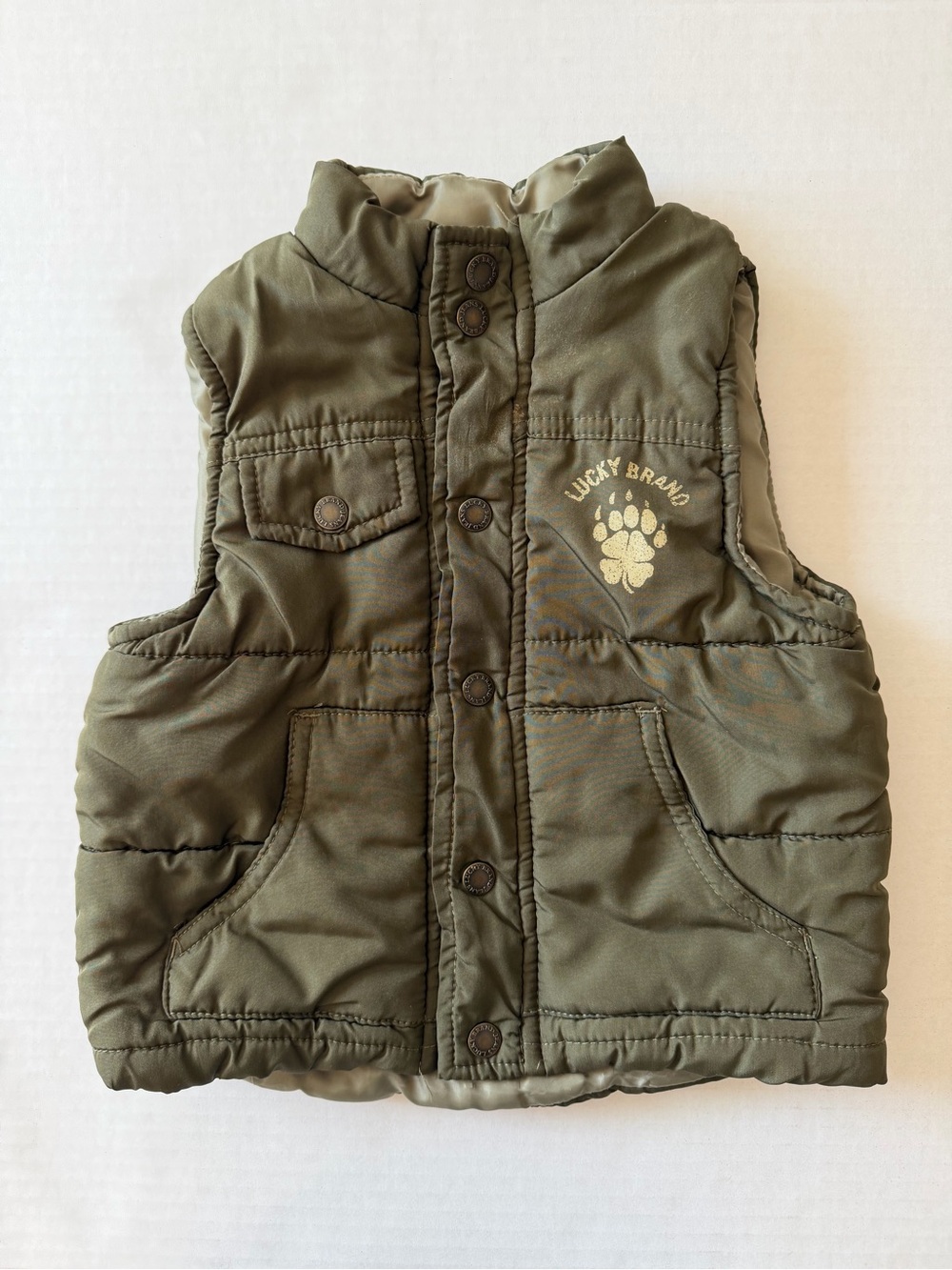 Lucky Brand Baby 18M Olive Green Puffer Vest Paw Print Snap Front